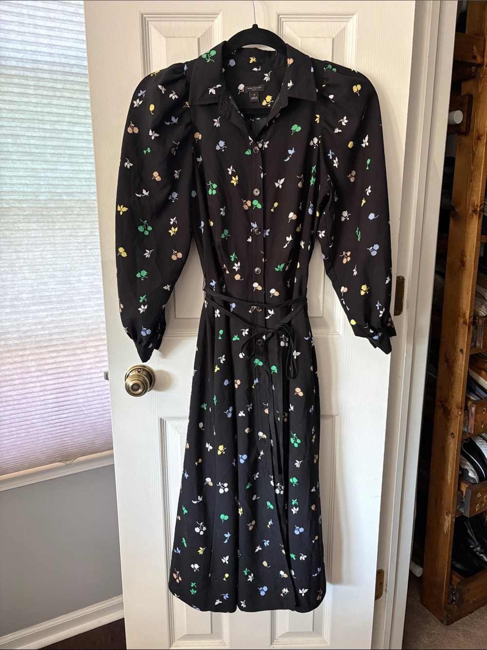 Ann Taylor Black Long-Sleeve Floral Shirt Dress